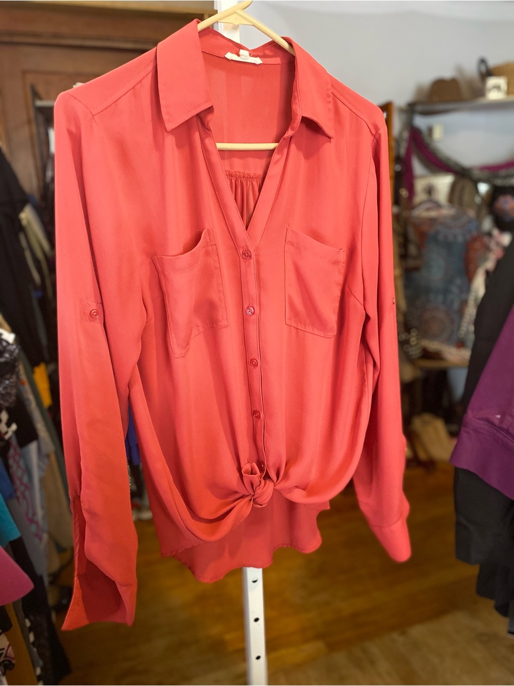 Maurices Coral-Red Button-Front Tie Blouse